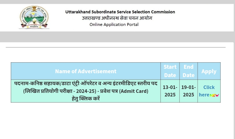 uksssc.co.in 2025 Junior Assistant Admit Card Download Link