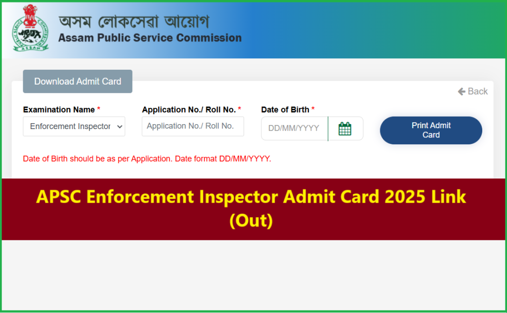 APSC Enforcement Inspector Admit Card 2025 Download Link