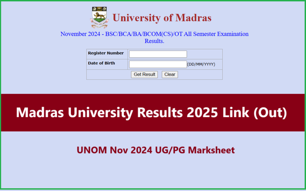 Madras University UG Results 2025 Link