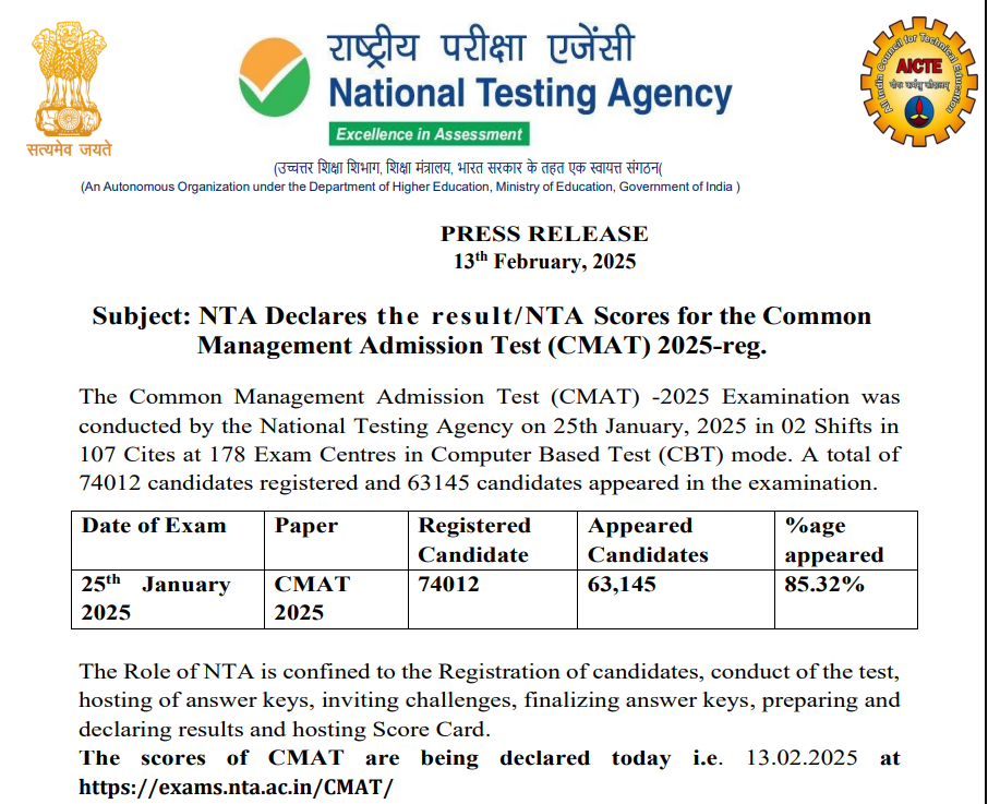 CMAT Result 2025 Notice