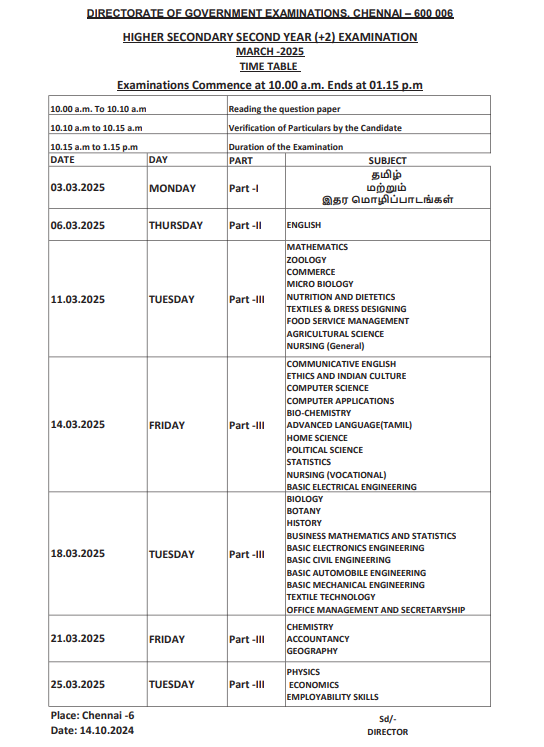 TN Class 12th Time Table 2025 Download Pdf